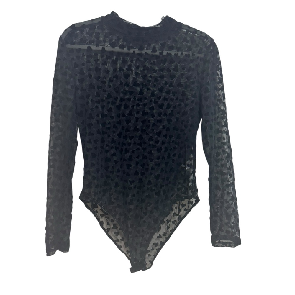 A Love Story Black Sheer Long Sleeve Textured Bodysuit Heart Print Size XL
